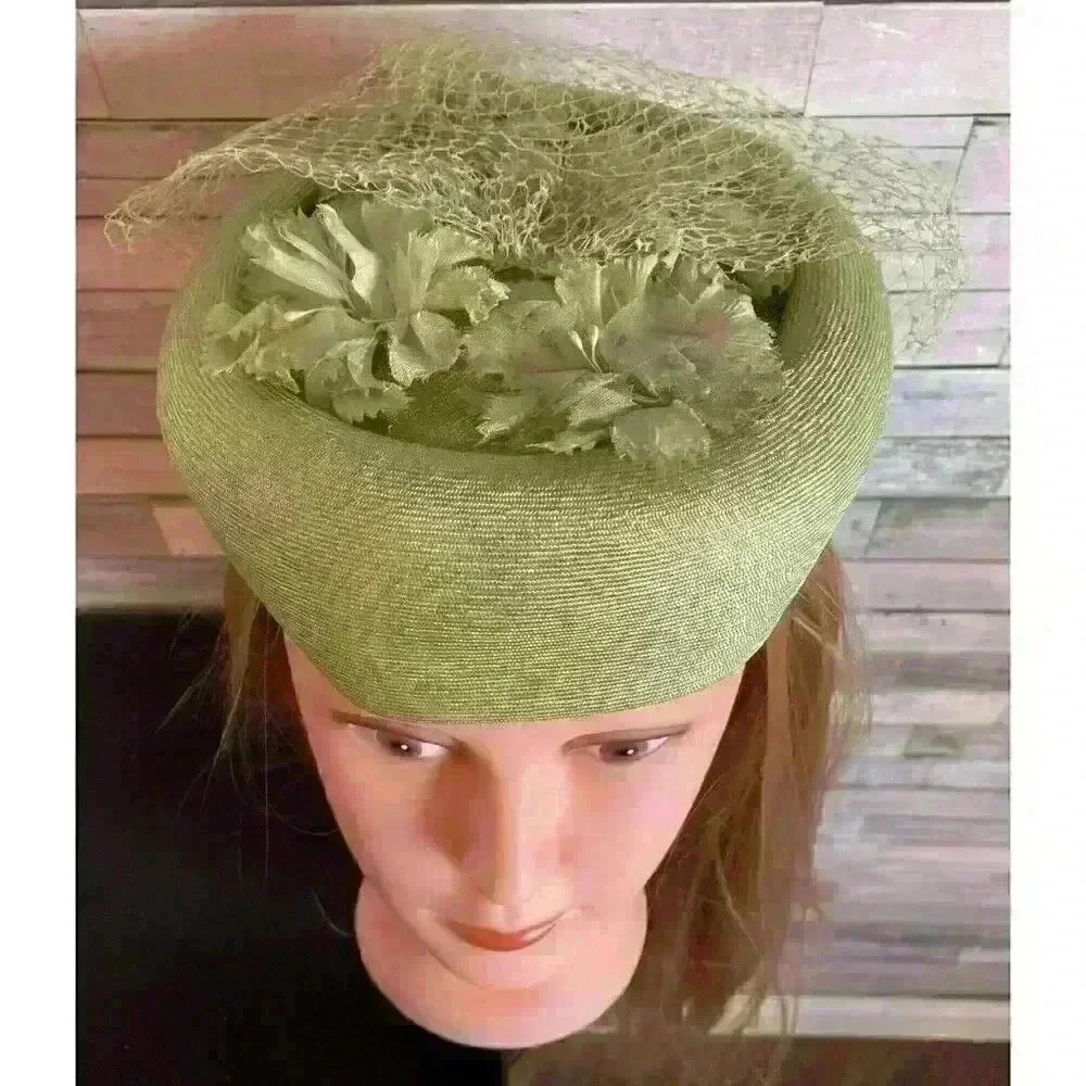 Vtg Union Made 724855 Green Fancy Dress Hat Flowers Mesh Made In USA